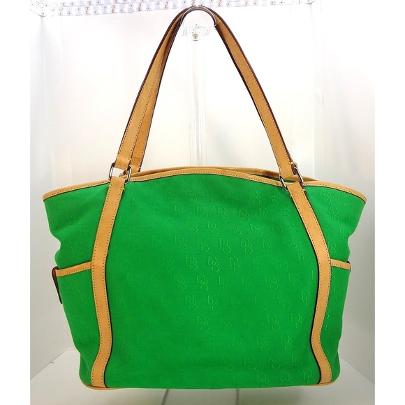Dooney & Bourke Emerald Green Canvas Leather Trim Tote Bag w luggage tag - Picture 2 of 10
